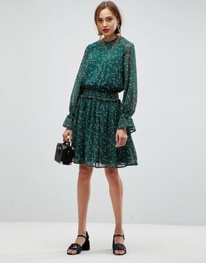 Y.A.S Grace Green Ditsy Floral Long Sleeve Smocked Skater Dress Size XL